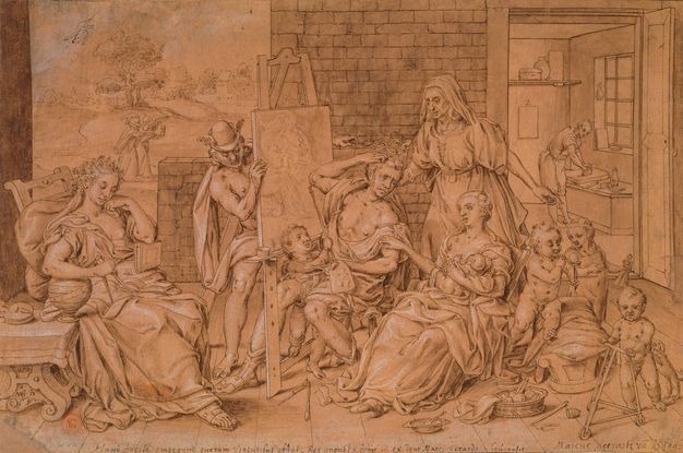Drawing. Created with grey lines and white highlights on orange-toned paper, a man sitting at an easel is surrounded by women and children. A person with a winged helmet, Mercury, peers around the easel. To our left is a model, holding a compass and books. To our right is a nursing mother, four more children, a dog, an older woman, and a workshop assistant in the background.