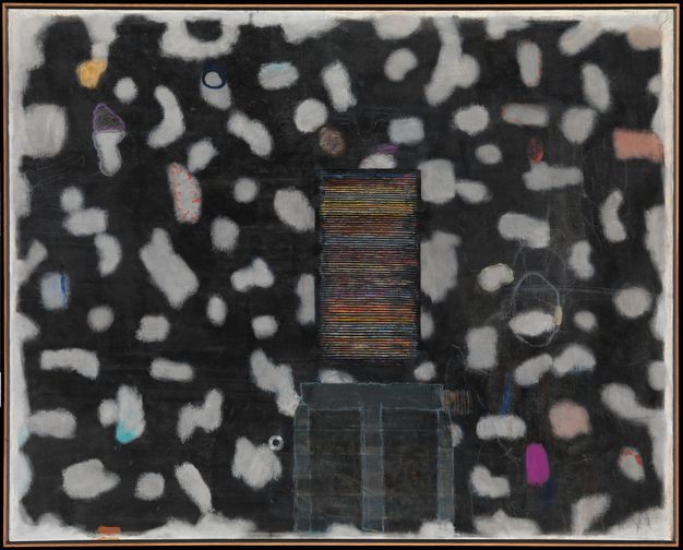 Painting. A field of blurry mostly white, and occasionally coloured, spots against black covers this canvas. To our right of centre, a vertical rectangle has thin rows of jewel-toned colour alternating with equally thin rows of black, like strips of coloured metal carefully spaced on velvet.
