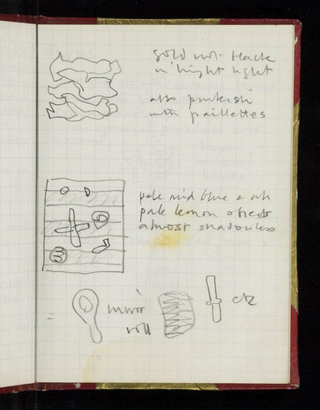 Drawing. A gridded page has two pencil drawings next to writing. More drawings, like icons, line the bottom of the page.