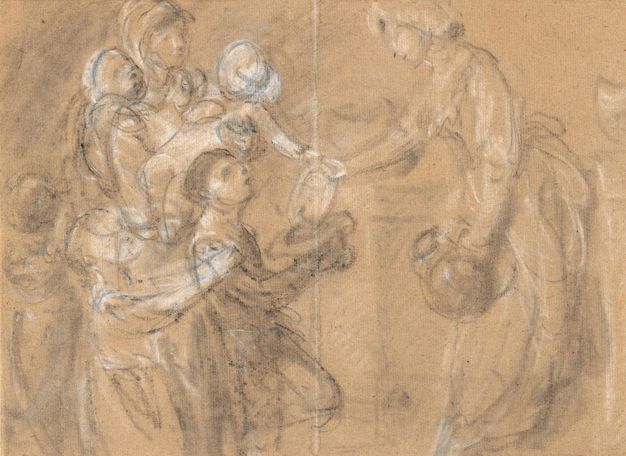 Drawing. In faint grey and white chalk against a tan background, a woman tips food from a plate into a boy’s hat. Behind him are the woman holding two babies and two more children. Drawn loosely and with few details, the drawing has a ghostly look.