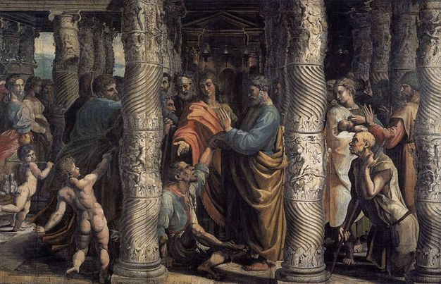 Drawing. This preparatory cartoon for a tapestry shows a crowd of men, women, and children among and between twisted columns. At the centre, a young, clean shaven Christ holds his hand out over the head of a man sitting on the ground. A bearded, grey-haired man next to Christ, Saint Peter, holds the seated man’s hand. The seated man and others nearby have exaggerated, almost caricatured features.