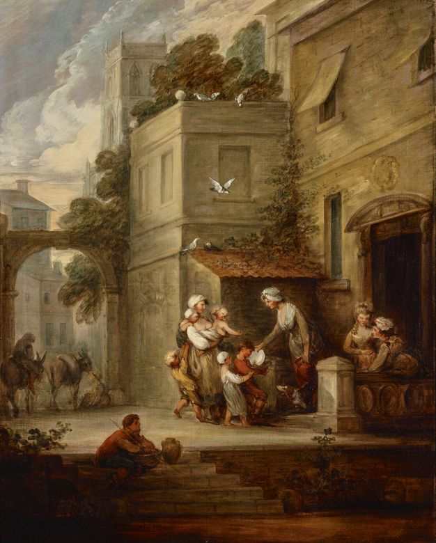Painting. Set into an exterior corner of a building, a woman tips food from a plate into a basket held by a child. Another child stands immediately behind the first, and a third pulls at the skirts of another woman holding two babies. A pair of women talk, heads together, to our right. Trees grow above the structure immediately behind the woman giving food.