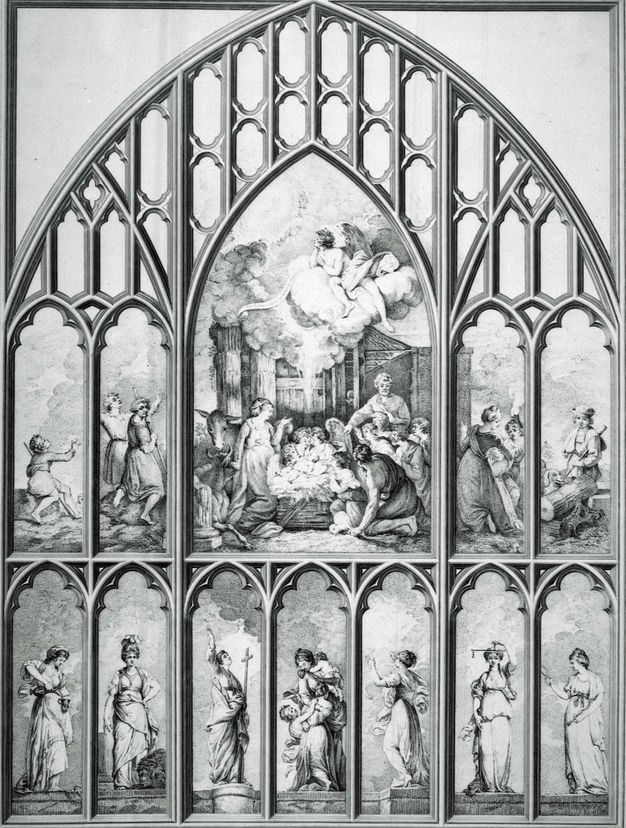 Print. A row of seven personifications, each under a narrow, pointed arch, line the bottom row of this monumental stained glass window design. The bottom centre pane shows a woman holding three children. A second, taller set of windows above shows the Nativity flanked by two scenes on each side, all under an encompassing pointed arch.
