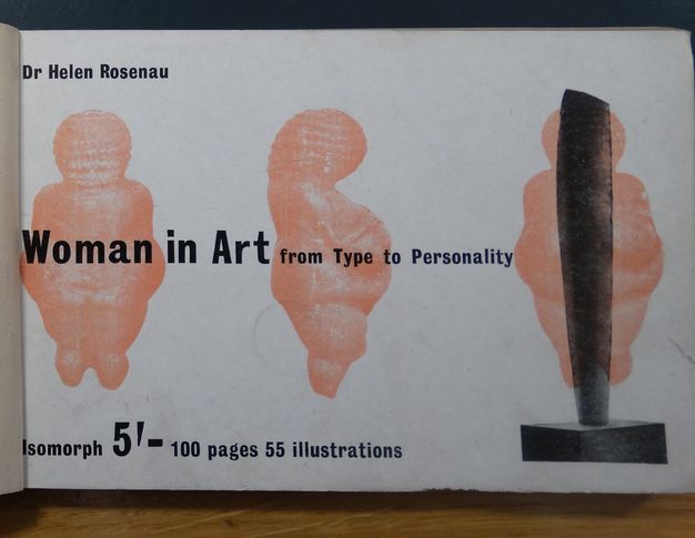 Book cover. The title, 'Woman in Art from Type to Personality', is printed in black on white paper, across three faint, orange views of the sculpture The Venus of Willendorf. Other text reads, 'Dr Helen Resnau' at the top left and 'Isomorph 5’- 100 pages 55 illustrations' below. The rightmost Venus overlaps a column-like sculpture on a square base.
