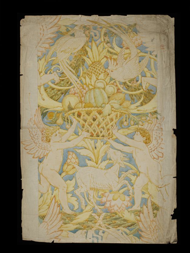 Watercolour. Two winged, child-like putti hold up a basket piled high with fruit. Two parrots peck at the fruit, and a goat between the putti looks up at the basket. Stylized flowers and vines fill in most of the rest of the area. Details are picked out in amber brown and sage green around the white of the paper, and the background is pale blue.