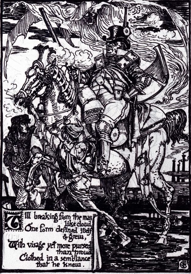 Drawing. A portly man wearing a shiny top hat and pieces of mismatched, showy armour sits with hand planted on hip atop an armoured horse. A ghostly spectre floats over the man, bat-like wings spread wide. Two people attend to the horse from the ground. A scroll with text unfurls in the lower left corner.