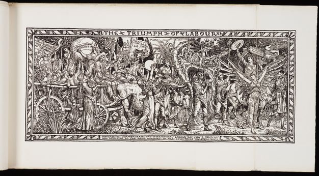 Print. A procession of men, women, and children includes an ox-drawn carriage and people on foot and on horseback, all against a dense landscape. Text in the ornamental border across the top reads, 'The Triumph of Labour' in all caps.