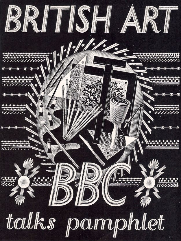 Pamphlet cover. White text and images set against a black background. An oval at the centre encloses art-making and designing tools. Across the top of the pamphlet, text reads, 'British Art' in all caps. Below the oval is 'BBC' in all caps followed by 'talks pamphlet' in lowercase.