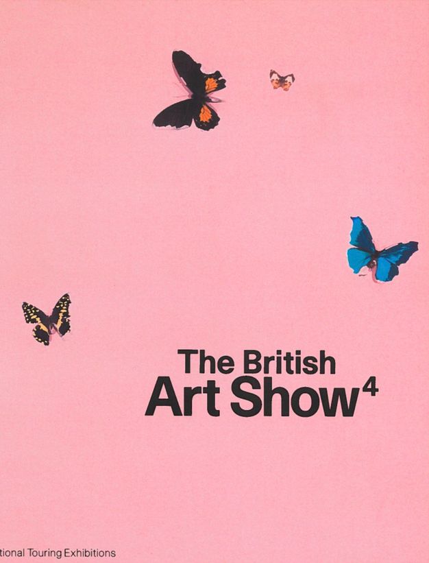 Cover of an exhibition catalogue. Four butterflies are against a rose-pink field. Along the lower left corner, text reads, 'National Touring Exhibitions'.