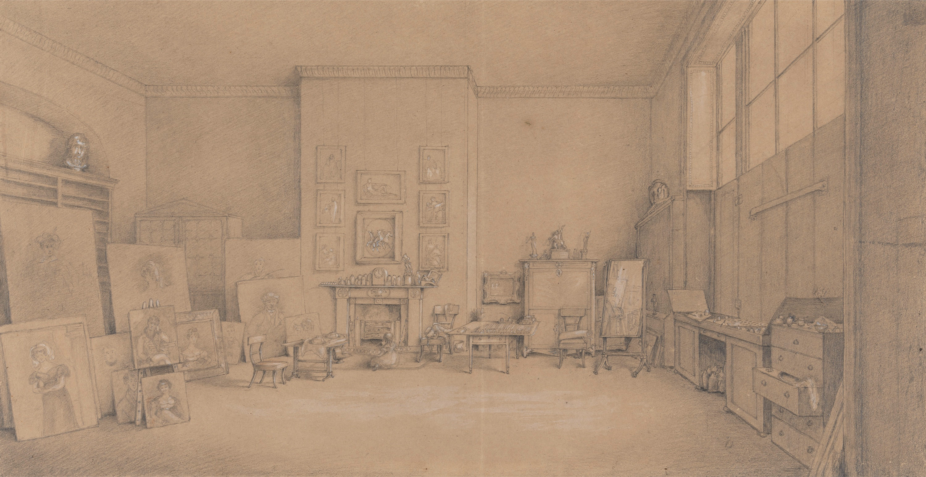 Drawing. Painted portraits stacked against the walls of a large room are drawn with grey lines and white highlights on beige paper. A mantlepiece holds a clock and figurines across from us. A child in a dress sits on the floor facing the fireplace. Windows line the top of the wall to our right.