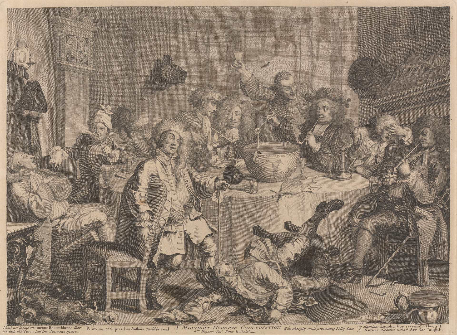 Print. Ten men sit or stagger around a round table set in front of a hearth while an eleventh, closest to us, falls out of his seat. Several smoke tobacco in long clay pipes. Glasses, candlesticks, and a punch bowl are on the table. Wigs are askew or missing, and one tricorn hat hanging on the wall has a wig attached to it.