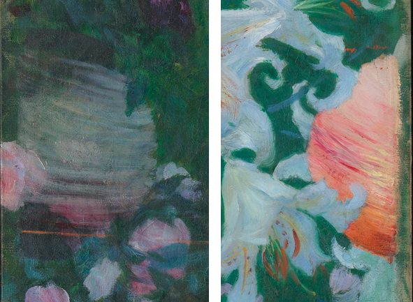 Painting. Two detail views of the same painting show that paper lanterns are cut off before they reach the edges of the canvas.
