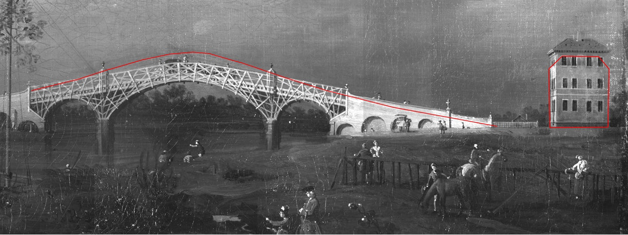 Black and white photograph. Detail of a painting shows a bridge spanning a river. Red lines across the top arc of the bridge and the red outline of a three-story hipped-roofed house nearby show where changes were made between blocking out the painting and the final work.