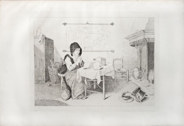 Print. A woman wearing a long dress and black hood-like head covering sits at a table with her hands together in prayer. Bread, a bowl, cup, and knife lie on the white tablecloth. A map hangs behind her, and a fire burns in a hearth, to our right.