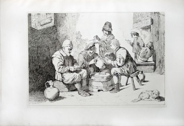 Print. Three men gather around a barrel top playing cards in a tavern. A fourth looks on as he packs his clay pipe with tobacco. Two more men, one smoking and one sitting, are near a fireplace in the background.
