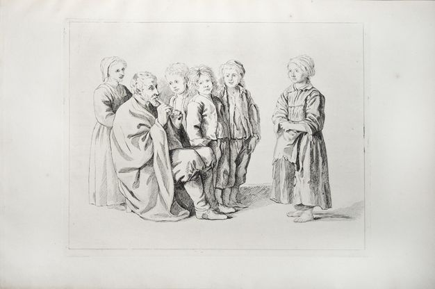 Print. Five children gather around a seated man playing a pipe. The two girls wear long-sleeved dresses with long skirts and head coverings. Three boys wear jackets over shin-length pants. Some of their clothing is tattered, and one girl to our right has bare feet. The figures are shaded in pale grey tones against a blank background.