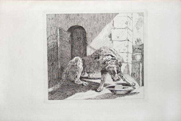 Print. A dog chained to a wall strains towards a bowl of food just out of reach. The dog’s lips pull back as it hunches, trying to reach the food. The stone wall behind the animal has a shadowed, arched doorway. A glimpse of landscape is visible along the right edge of the etching.