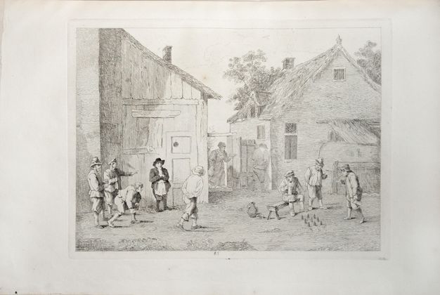 Print. Eight people play, bowling in a street in front of houses. They wear jackets and knee-length pants, and most have hats. A man and woman move between the houses on the far side of the street. The house to our left appears to be sided with planks of wood and the other has a thatched roof.