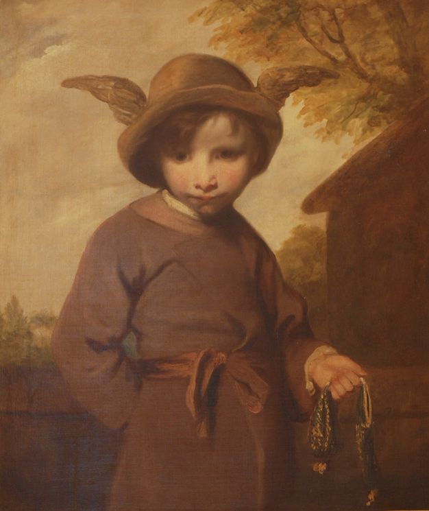 Painting. Shown from the hips up against a honey-toned landscape, a pale-skinned young boy wearing a winged brimmed hat stands with his belly swayed forwards and his head jutted out and down. Wide lips are shadowed over a delicate chin. One hand is behind his back and in the other, he holds a coin purse.
