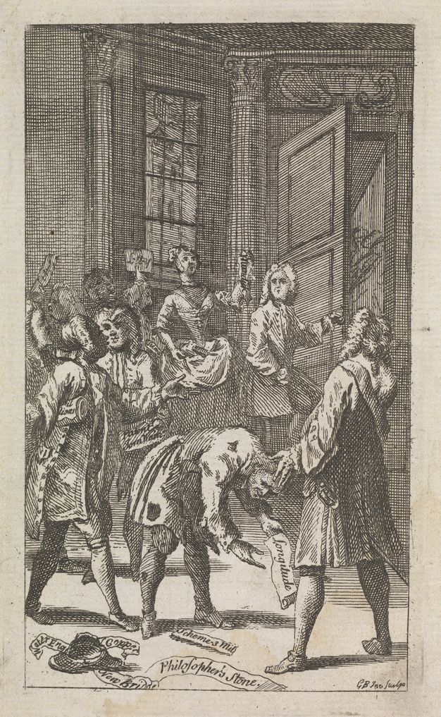 Print. At least eight people stand near an open door. The men wear suits and curly wigs, and the one woman wears a wasp-waisted corset and long, full skirt. They all look around and gesture, many of them holding pieces of paper. One man wearing tattered clothing stoops and holds a scroll reading “Longitude”. Other slips of paper on the floor read “Philosopher’s Stone” and “New Bride”.