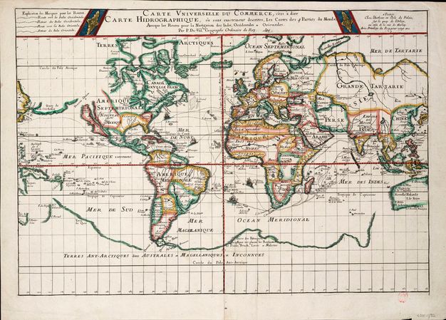 Map. This world map shows the continents, seas, and oceans, outlined in red, green, or yellow and labelled in French.