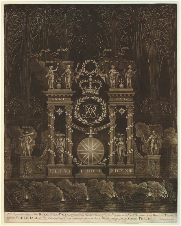 Print. Columns framing a royal crest and allegorical figures are surrounded by fountain-like fireworks against a dark sky. The personifications are labelled Prudence, Temperance, Fortune, Justice, Courage, Victory, Peace, and Conduct.