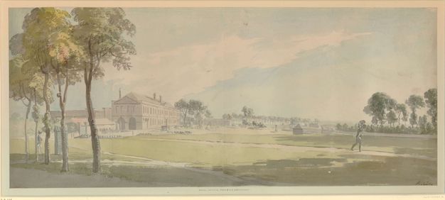 Watercolour. Panoramic view of a vast green lawn spread in front of a row of buildings to our left. In the middle distance, a soldier in a blue coat and black hat is to our left, and a worker carries a load on their head to our right.