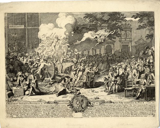 Print. Dozens or maybe hundreds of men and woman gather in groups in a town square-like space. Some centre around a nude woman floating above the crowd.