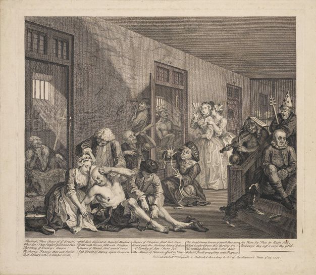 Print. This black and white engraving shows eleven men and three women in a cramped room where men sit or writhe miserably, or mime being a tailor, astronomer, pope, king, or navigator. A long inscription is engraved under the image.