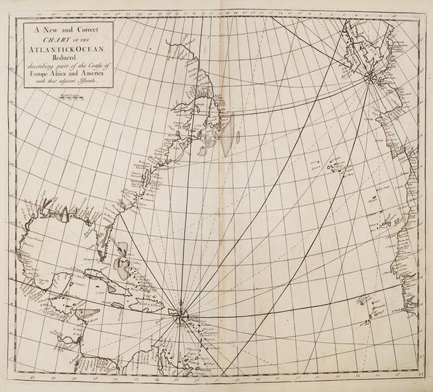 Map. Curving lines cross a grid representing latitude and longitude over elongated continental shores. The curving lines radiate from two central compass markers on the map; one to our top right, to the south west of Great Britain, and one to our bottom left, to the south east of the island of Puerto Rico.