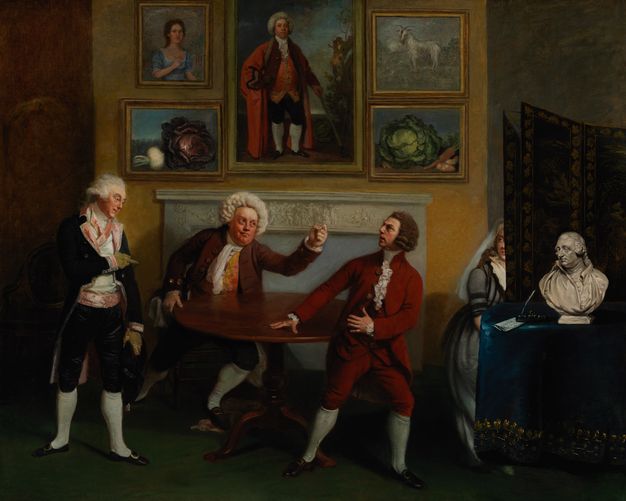 Painting. Two men stand and a third sits at a round table in front of a hearth. The seated man leans and raises his fist towards one of the others. From behind a screen, a seated woman looks over her shoulder at the action. Still life paintings and portraits hang over the mantle.