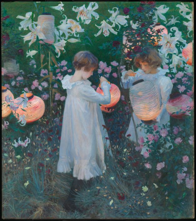 Painting. Two pale-skinned girls with blond hair stand lighting paper lanterns in a twilight-lit garden. Both wear white ruffled dresses. White lilies the size of their heads nod down over the girls against a grassy background. Pink and dark red flowers fill in the area around them.
