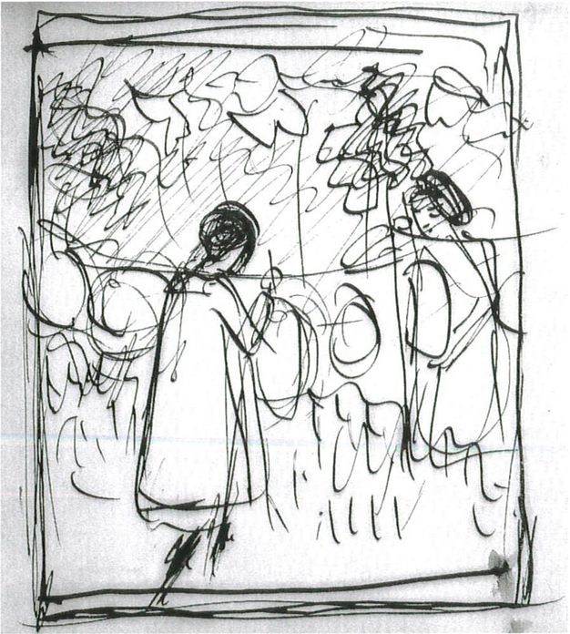 Drawing. A vertical rectangle frames two loosely sketched girls holding round objects. Squiggles in the background suggests a garden.