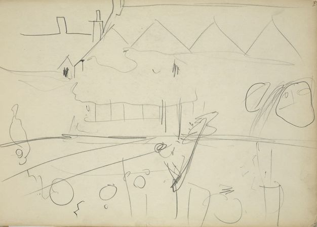 Drawing. Lines block in the location of rooflines, trees, lanterns, and other vague details in this horizontal sketch.