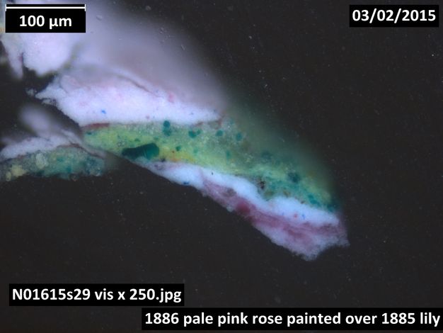 Colour photograph. A microscopic cross section of paint shows a pink and white layer is covered by green and then pink. The background behind the sample is black. Text in the upper corners read, “100µM’ and “03/02/2015”. Labels across the bottom read, “N01615s29 vis x 250.jpg” and “1886 pale pink rose painted over 1885 lily”.