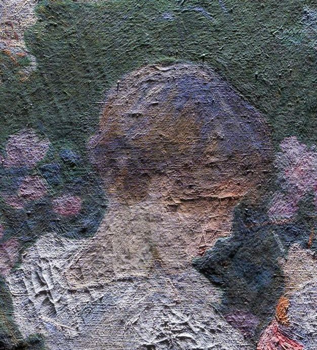 Painting. Raking light over a detail showing the pale-skinned, brown-haired head of a girl shows where the white of her dress was worked up with additional paint, as were her profile and part of her face.