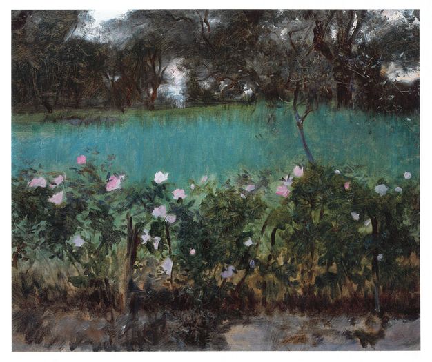 Painting. A bank of loosely painted pale pink roses against dusky-green leaves spans the lower edge of this composition. Teal-blue water beyond is painted with blended strokes, giving it a soft look. Dark trees line the far bank and nearly block out the pale sky in the upper third of this painting.