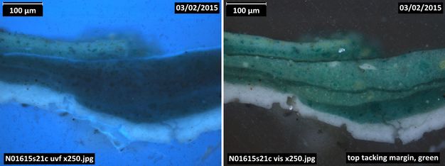 Two photographs. Microscopic cross sections of paint are shown in colour. The image on our left shows layers of blue, the brightest along the top and bottom. The right is of the same sample but in green tones. Each image has the same labels in the upper corners, reading, “100 µm” and “03/02/2015”, and in the lower left, “N01615s21c uvf x250.jpg”. The right-hand picture also has text reading, “top tacking margin, green”.