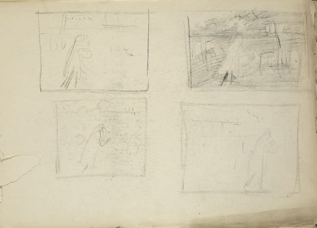 Drawing. Four squares and rectangles sketchily drawn in charcoal on off-white paper show bodies blocked into larger compositions.