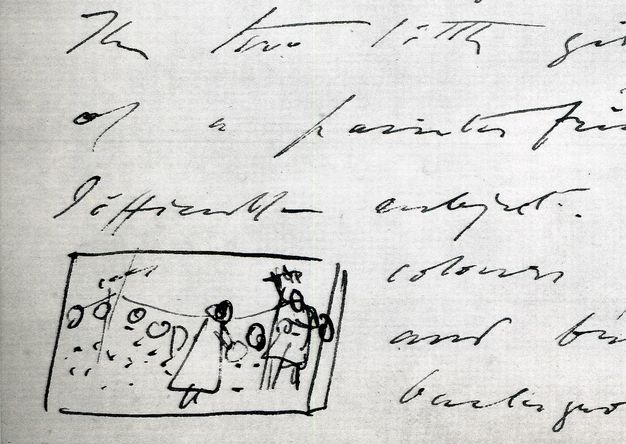 Letter. Detail view of a handwritten letter with a thumbnail sketch of two people in front of a row of lanterns.