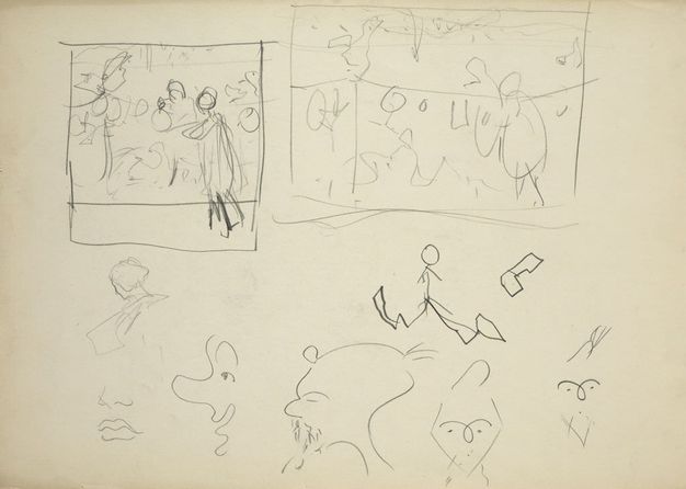 Drawing. Two rectangles at the top of the sheet block out the forms of people and round lanterns. A few comic heads with exaggerated features are drawn below.