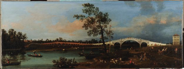 Painting. People, cows, and dogs gather on a riverbank to our right as the river extends into the distance, starting in the lower left corner. A wide bridge spanning the river is white on the right half and dark red on the left. A tree growing up the centre of this panoramic painting is outlined against a darkening sky.