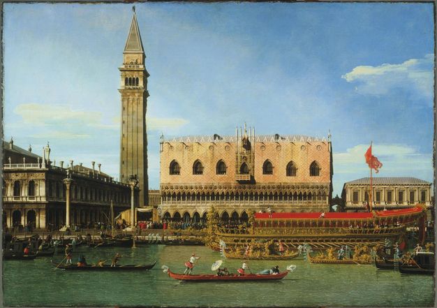 Painting. Across a canal, the tower of Saint Mark’s church and the Doge’s Palace rise against a vivid blue sky. Gondolas move in both directions in the sea glass-green water spanning the bottom edge of the canvas.