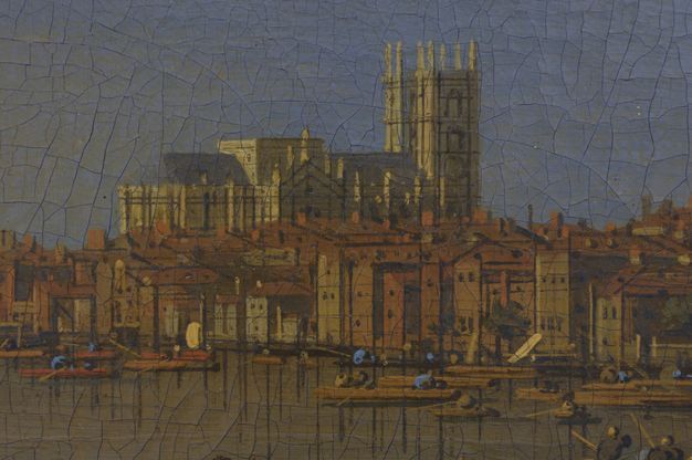 Painting. Detail view of Westminster Abbey rising behind a bank of brown buildings. Cracks in the paint make a fine net over the surface of the canvas.