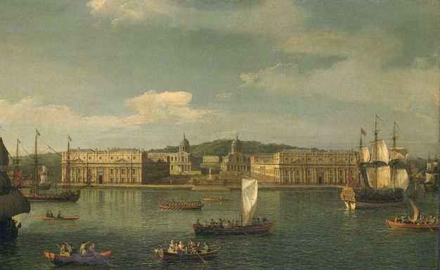 Painting. From the far side of a river, we look at two long, boxy buildings coming towards us on either side of a plaza in this wide landscape.