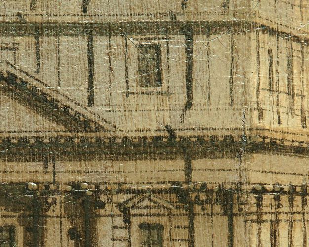 Painting. Detail view of an off-white building. Fine black lines pick out architectural features.