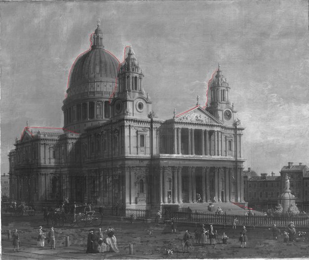 Black and white photograph. This annotated image of a painting showing St Paul’s Cathedral has some areas outlined in red, especially along the roofline.