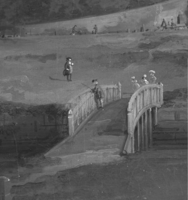 Infrared photograph. Black and white detail of an arched footbridge. Changes in the position of the left railing are visible.