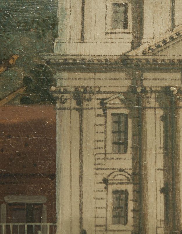 Painting. Detail view of the corner of an off-white building with architectural details delineated in black. The outer edge of the building is crisp and precise.