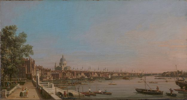 Painting. A sweeping view encompasses the Thames river and London’s prickly skyline on its north shore, which is made so by almost countless spires. The dome and drum of St Paul’s Cathedral rises high around the surrounding buildings. A walkway along the river comes towards us, along the left edge of the painting.